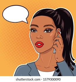 Pop art african american business woman talking on mobile phone with speach bubble for text, vector illustration in retro comic style