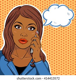 Pop art african american business woman on phone with speech bubble in comic style. Serious african business woman talking on mobile phone. Vector illustration.