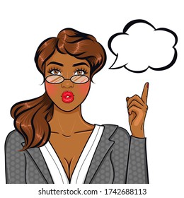 Pop art african american businesswoman in suit and glasses pointing finger on speech bubble for your offer or announcement in retro comic style isolated on white background