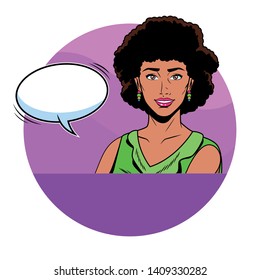 Pop art afro businesswoman with speech bubble in dress and comic panel background round frame vector illustration graphic design