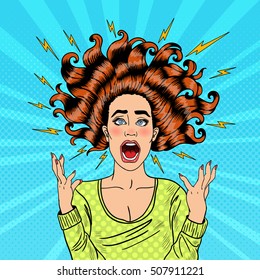 Pop Art Aggressive Furious Screaming Woman with Flying Hair and Flash. Vector illustration