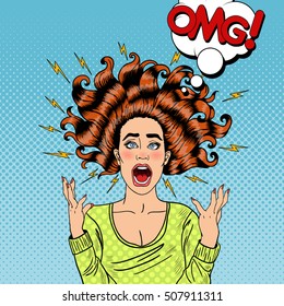 Pop Art Aggressive Furious Screaming Woman with Flying Hair and Flash. Vector illustration