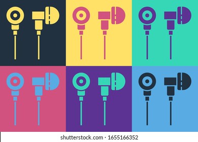 Pop art Air headphones icon icon isolated on color background. Holder wireless in case earphones garniture electronic gadget.  Vector Illustration