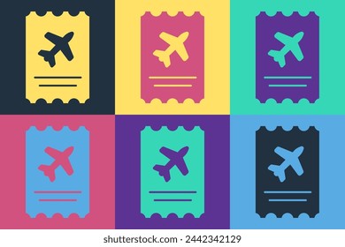 Pop art Airline ticket icon isolated on color background. Plane ticket.  Vector Illustration