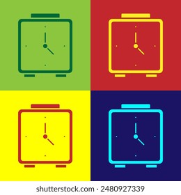 Pop art Alarm clock icon isolated on color background. Wake up, get up concept. Time sign.  Vector