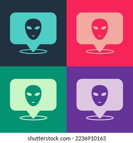 Pop art Alien icon isolated on color background. Extraterrestrial alien face or head symbol.  Vector