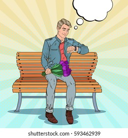 Pop Art Alone Man with Bouquet of Flowers Waiting for Girlfriend. Vector illustration