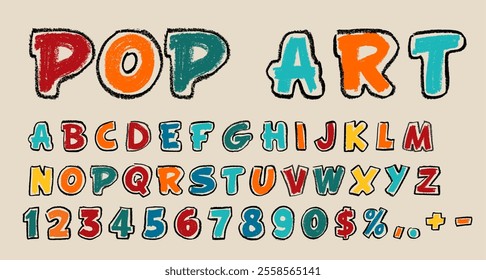 Pop Art Alphabet and Numbers Crayon Chalk Drawing Vector Set