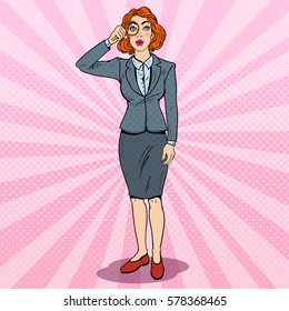 Pop Art Amazed Business Woman with Magnifier. Vector illustration