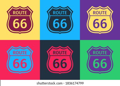 Pop art American road icon isolated on color background. Route sixty six road sign. Vector.