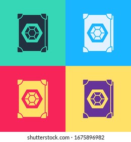 Pop art Ancient magic book with alchemy recipes and mystic spells and enchantments icon isolated on color background.  Vector Illustration