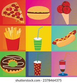 Pop Art Andy Warhol background with dots and food icons; multicolored background with food items