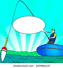 Pop art Angling person with rod in a boat on calm lake water silhouette. Cartoon simple minimal. Fisher Vector Image Comic book style imitation. Text bubble.