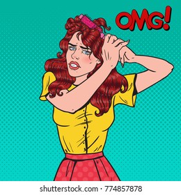 Pop Art Angry Beautiful Woman with Tangled Hair. Frustrated Young Girl with Hair Brush. Vector illustration