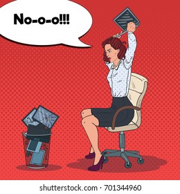 Pop Art Angry Business Woman Throwing Laptop to the Trash Bin. Stress at Work. Vector illustration