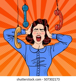 Pop Art Angry Frustrated Woman Screaming at Office Work. Vector illustration