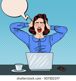 Pop Art Angry Frustrated Woman Screaming at Office Work. Vector illustration