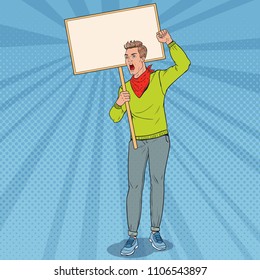 Pop Art Angry Man Protesting on the Picket with Blank Banner. Strike and Protest Concept. Guy Shouting on Demonstration. Vector illustration