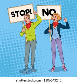 Pop Art Angry Man and Woman Protesting on the Picket with Banners. Strike and Protest Concept. People Shouting on Demonstration. Vector illustration