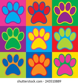 Pop Art animal paw prints in a colorful checkerboard design. 