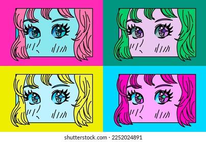 Pop art anime style girl in vivid neon colors. Concept of a manga comic book page.