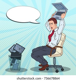 Pop Art Annoyed Businessman Throws Out Laptop. Stress at Office Work. Vector illustration