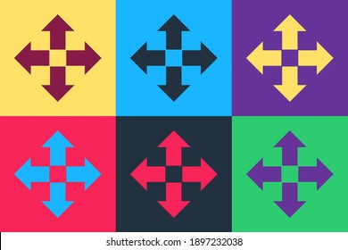 Pop art Arrows in four directions icon isolated on color background. Vector.