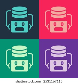 Ícone do robô de inteligência artificial de pop art isolado no fundo de cor. Aprendizado de máquina, computação em nuvem.  Vetor