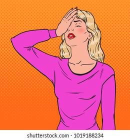 Pop Art Ashamed Young Woman Covering Her Face with Hands. Facial Expression Negative Emotion. Vector illustration