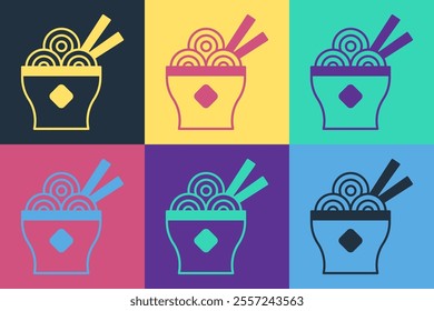 Pop art Asian noodles in bowl and chopsticks icon isolated on color background. Street fast food. Korean, Japanese, Chinese food.  Vector