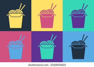 Pop art Asian noodles in paper box and chopsticks icon isolated on color background. Street fast food. Korean, Japanese, Chinese food.  Vector Illustration