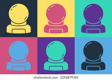 Pop art Astronaut helmet icon isolated on color background.  Vector