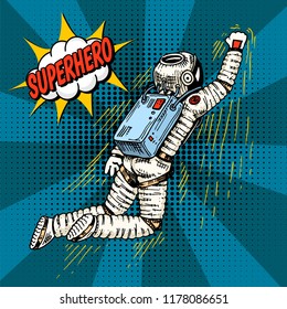 Pop art astronaut soaring or flying on rocket. Spaceman cosmonaut superhero explore adventure. engraved hand drawn in old sketch. colorful background retro comic style. Astronomical galaxy space.