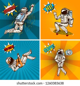 Pop art astronaut soaring or flying on rocket. Spaceman cosmonaut superhero explore adventure. engraved hand drawn in old sketch. colorful background retro comic style. Astronomical galaxy space.