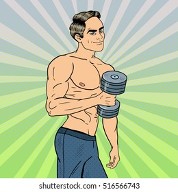 Pop Art Athletic Strong Man Exercising with Dumbbells. Vector illustration