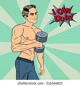 Pop Art Athletic Strong Man Exercising with Dumbbells. Vector illustration
