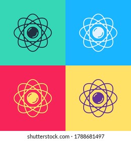Pop art Atom icon isolated on color background. Symbol of science, education, nuclear physics, scientific research.  Vector