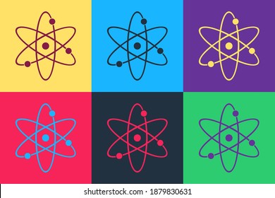 Pop art Atom icon isolated on color background. Symbol of science, education, nuclear physics, scientific research. Electrons and protonssign. Vector.