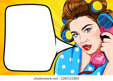 Pop art attractive surprised woman with bue eyes and speeck bubble, in curlers talking retro phone, comic vector illustration