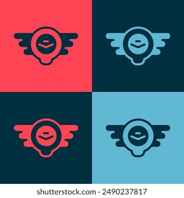 Pop art Aviation emblem icon isolated on color background. Military and civil aviation icons. Flying emblem, eagle bird wing and winged frame.  Vector