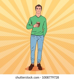 Pop Art Awaked Tired Man with Morning Coffee. Asleep Guy. Vector illustration