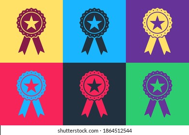 Pop art Award medal with star and ribbon icon isolated on color background. Winner achievement sign. Champion medal emblem. Success symbol. Vector.