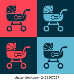 Pop art Baby stroller icon isolated on color background. Baby carriage, buggy, pram, stroller, wheel.  Vector