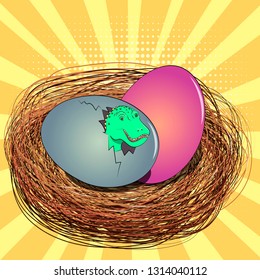 Pop art background. Ancient animals, a dragon was born in the nest, a dinosaur. Vector illustration