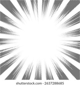 Pop art background with black halftone rays. Comic book retro style radial backdrop