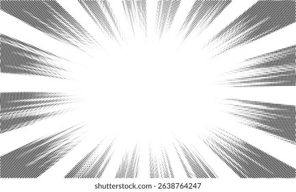 Pop art background with black halftone rays. Comic book retro style radial backdrop
