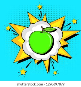 Pop Art Background. Blast Text Bubble. Proper Nutrition, Green Apple. Vector Illustration