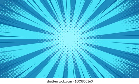 Pop art background with blue light scattered from the center in cartoon style.