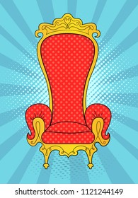 Pop art background blue rays of the sun. The object of the interior, the throne of the king. Vector illustration