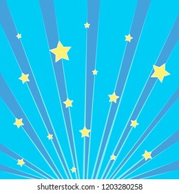 Pop art background blue. Rays of the sun, the sky with yellow stars. Imitation comics style. Vector illustration